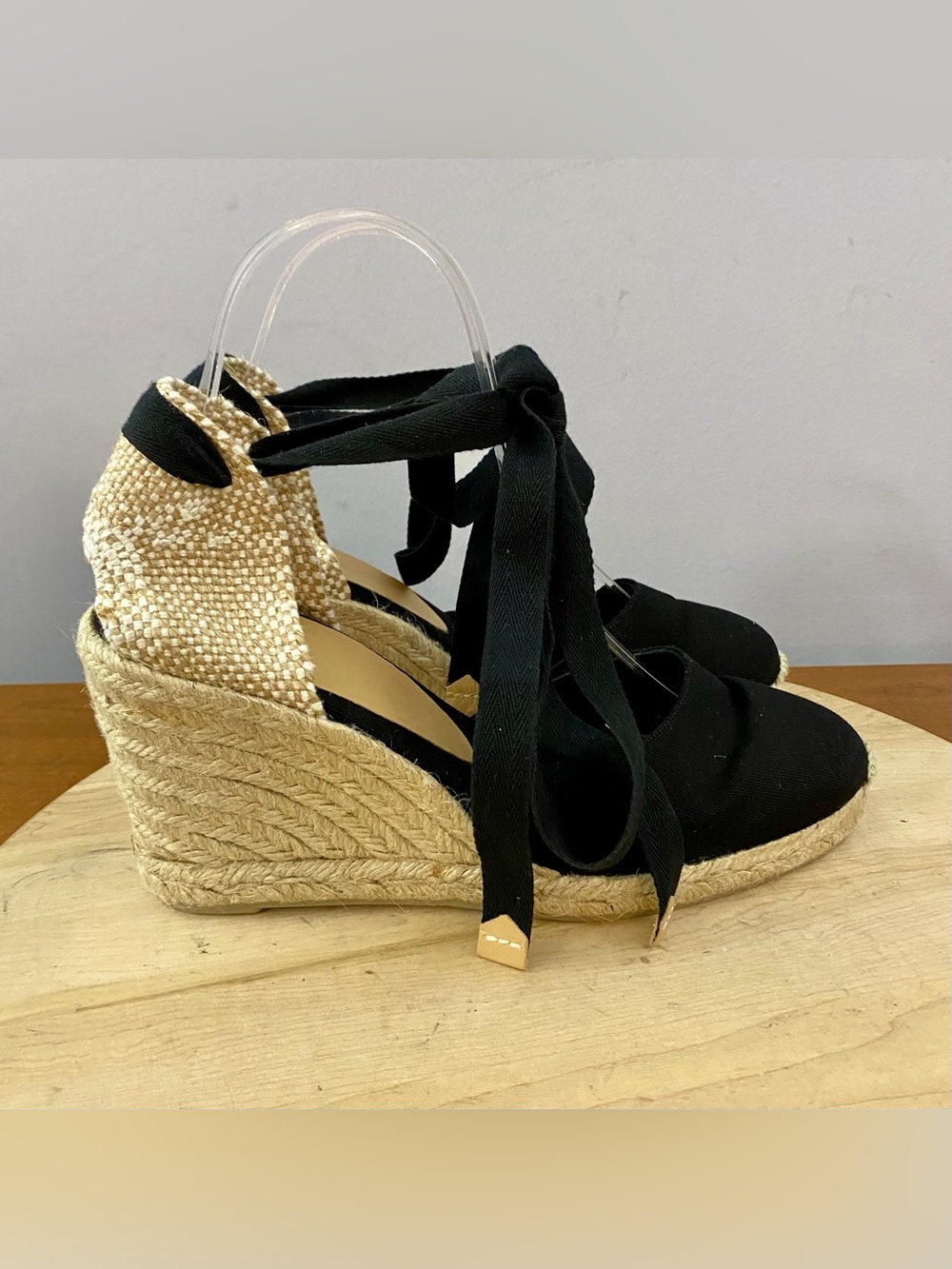 Castaner Carina Black Canvas Wedge Espadrilles EUR 39 US 8 Spain Ribbon Ankle